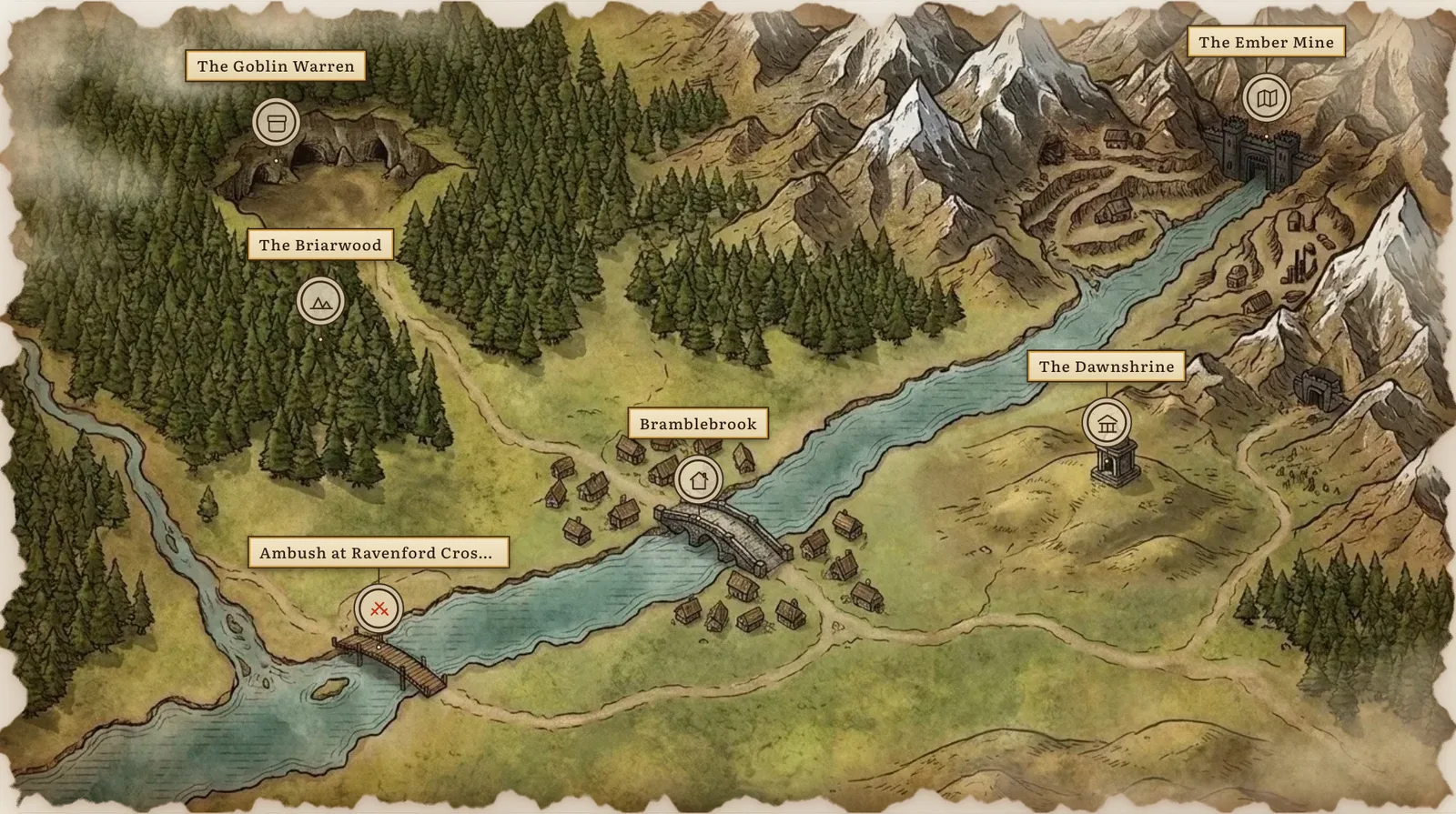A painted region map with pins on its villages, forest and mine