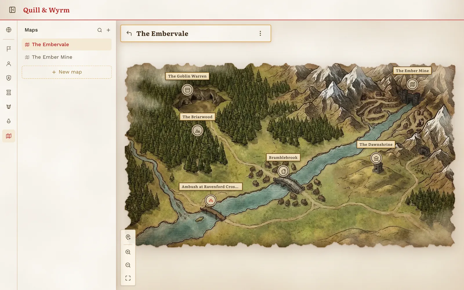 A region map on parchment with labelled pins leading to encounters, lore pages and another map.