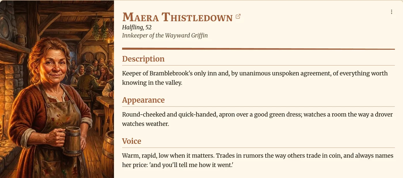 An NPC section showing Maera Thistledown's sheet