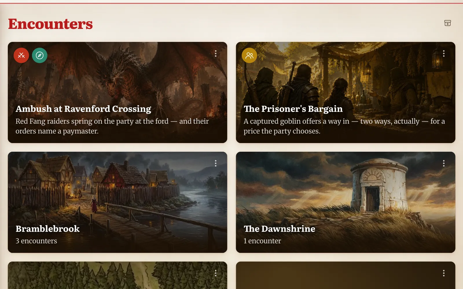 A campaign's encounter tree as a gallery: two illustrated encounter cards above four group tiles.